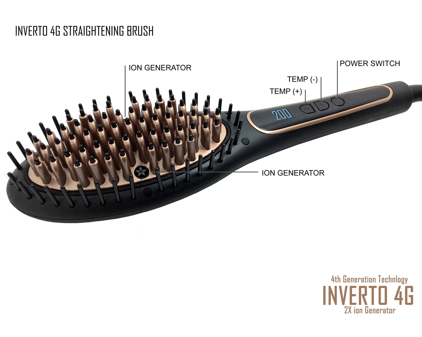 4G Straightening Copper Ceramic Brush 4Th Generation with True 2X Ionic Generators Adjustable Temp, Smooth Hair Quickly, Ergonomic Design Dual Voltage Worldwide Travel Auto 110V-220V